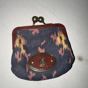 VTG Fossil Kisslock Key-Per Coin Purse Canvas Aztec Leather Accent